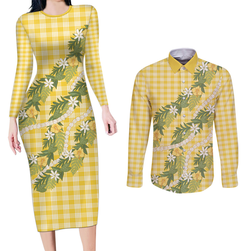 Aloha Puakenikeni Anthurium Pikake Lei Couples Matching Long Sleeve Bodycon Dress and Long Sleeve Button Shirt Gold Hawaiian Palaka Pattern