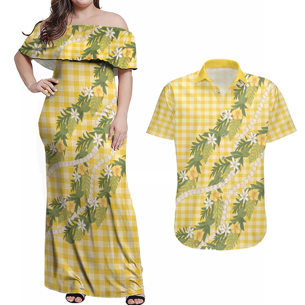 Aloha Puakenikeni Anthurium Pikake Lei Couples Matching Off Shoulder Maxi Dress and Hawaiian Shirt Gold Hawaiian Palaka Pattern