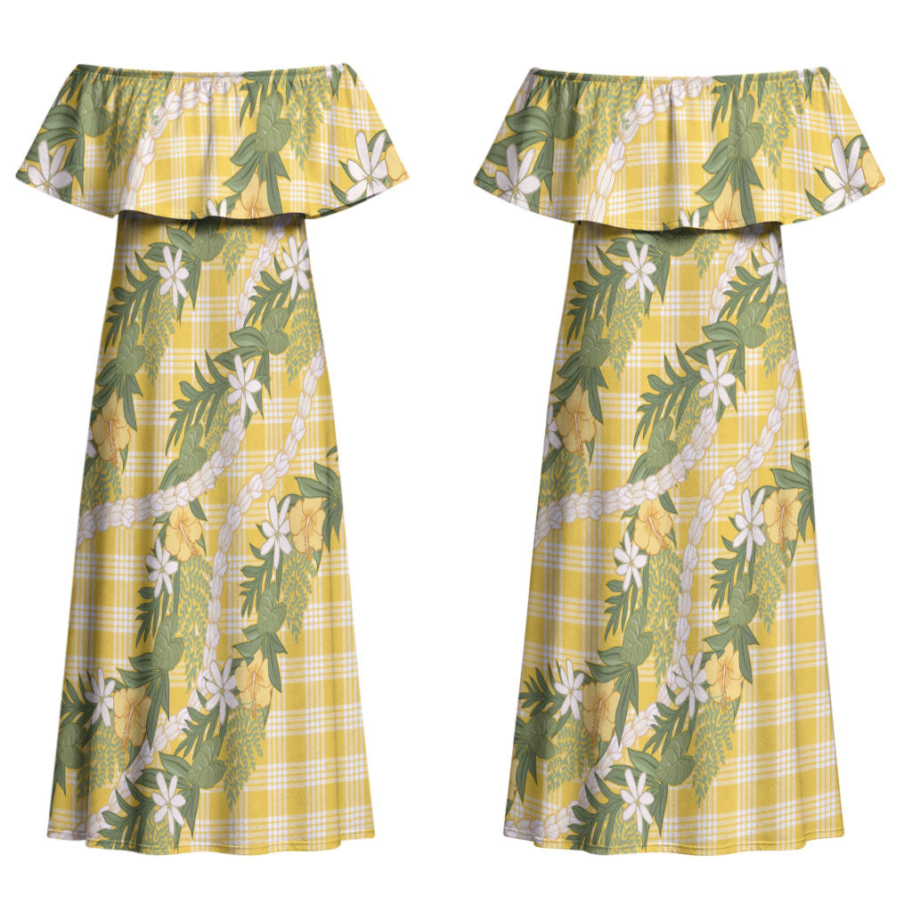 Aloha Puakenikeni Anthurium Pikake Lei Couples Matching Off Shoulder Maxi Dress and Long Sleeve Button Shirt Gold Hawaiian Palaka Pattern LT9 - Polynesian Pride