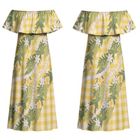 Aloha Puakenikeni Anthurium Pikake Lei Couples Matching Off Shoulder Maxi Dress and Long Sleeve Button Shirt Gold Hawaiian Palaka Pattern LT9 - Polynesian Pride
