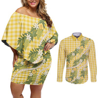 Aloha Puakenikeni Anthurium Pikake Lei Couples Matching Off Shoulder Short Dress and Long Sleeve Button Shirt Gold Hawaiian Palaka Pattern