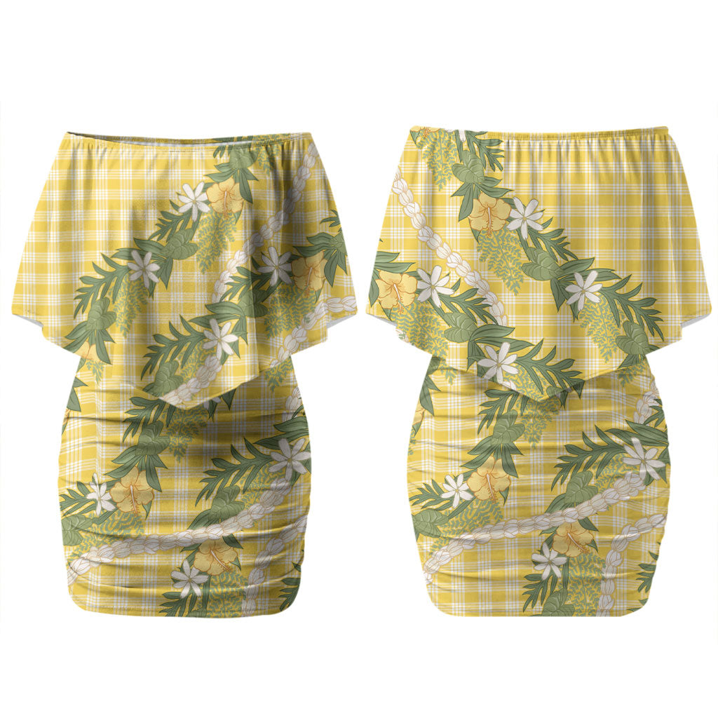 Aloha Puakenikeni Anthurium Pikake Lei Couples Matching Off Shoulder Short Dress and Long Sleeve Button Shirt Gold Hawaiian Palaka Pattern LT9 - Polynesian Pride