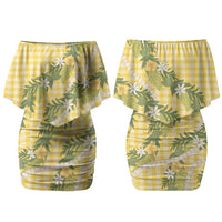 Aloha Puakenikeni Anthurium Pikake Lei Couples Matching Off Shoulder Short Dress and Long Sleeve Button Shirt Gold Hawaiian Palaka Pattern LT9 - Polynesian Pride