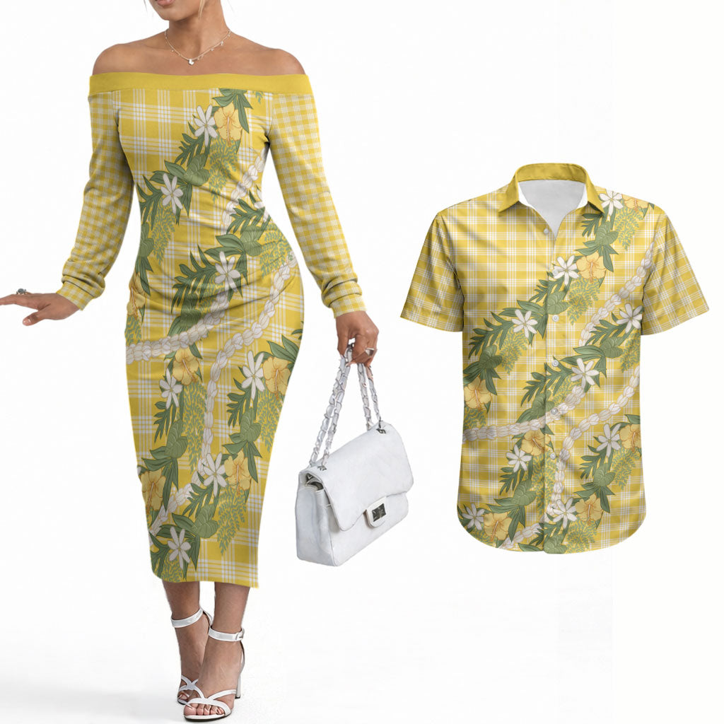 Aloha Puakenikeni Anthurium Pikake Lei Couples Matching Off The Shoulder Long Sleeve Dress and Hawaiian Shirt Gold Hawaiian Palaka Pattern LT9 Gold - Polynesian Pride