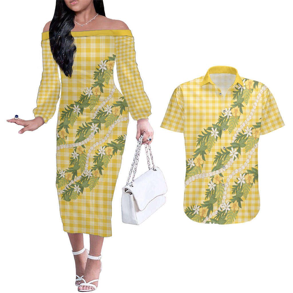 Aloha Puakenikeni Anthurium Pikake Lei Couples Matching Off The Shoulder Long Sleeve Dress and Hawaiian Shirt Gold Hawaiian Palaka Pattern