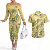 Aloha Puakenikeni Anthurium Pikake Lei Couples Matching Off The Shoulder Long Sleeve Dress and Hawaiian Shirt Gold Hawaiian Palaka Pattern LT9 Gold - Polynesian Pride