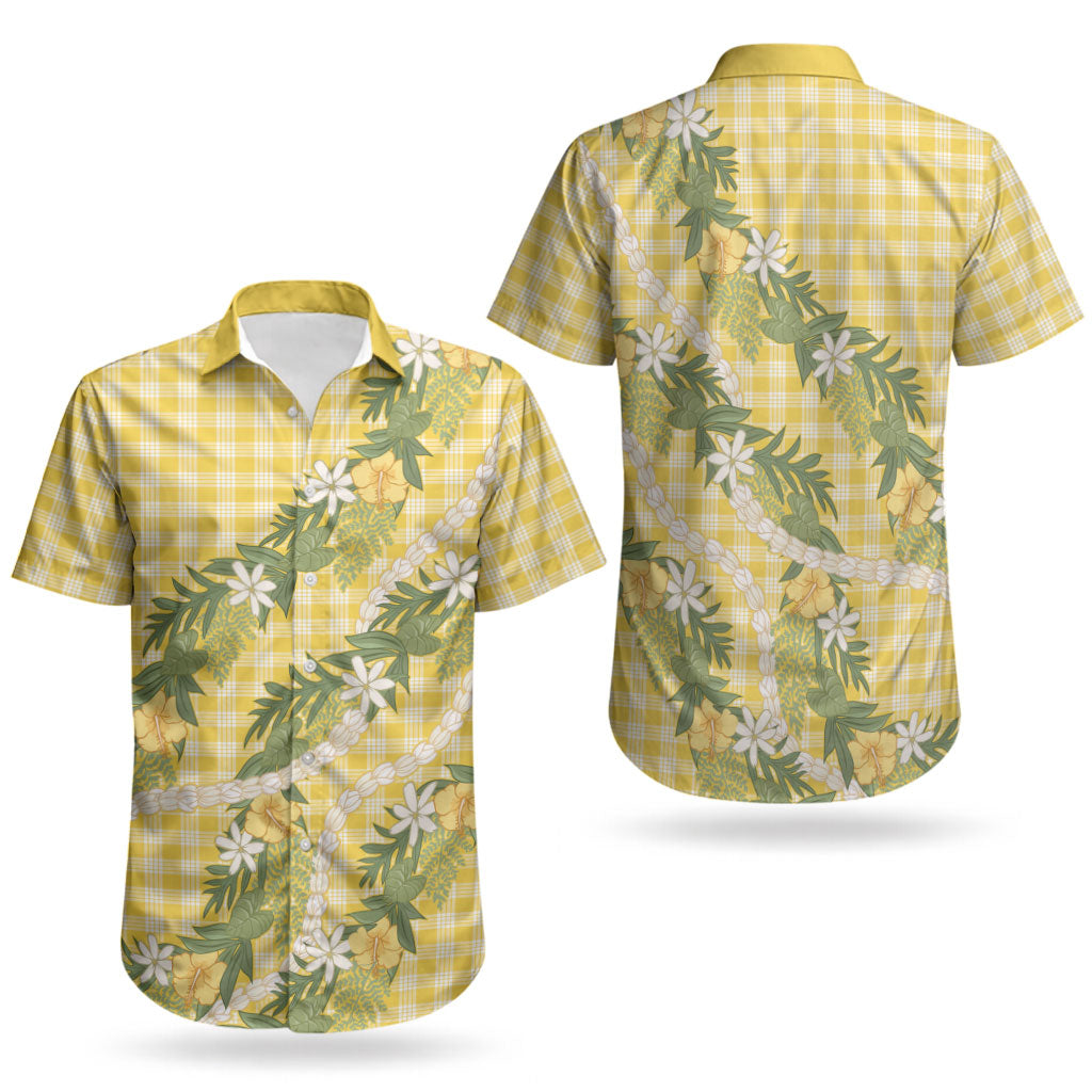 Aloha Puakenikeni Anthurium Pikake Lei Couples Matching Off The Shoulder Long Sleeve Dress and Hawaiian Shirt Gold Hawaiian Palaka Pattern LT9 - Polynesian Pride
