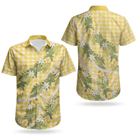 Aloha Puakenikeni Anthurium Pikake Lei Couples Matching Off The Shoulder Long Sleeve Dress and Hawaiian Shirt Gold Hawaiian Palaka Pattern LT9 - Polynesian Pride