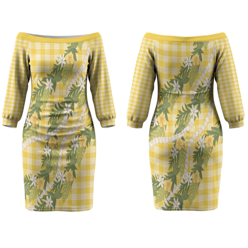 Aloha Puakenikeni Anthurium Pikake Lei Couples Matching Off The Shoulder Long Sleeve Dress and Long Sleeve Button Shirt Gold Hawaiian Palaka Pattern LT9 - Polynesian Pride