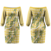 Aloha Puakenikeni Anthurium Pikake Lei Couples Matching Off The Shoulder Long Sleeve Dress and Long Sleeve Button Shirt Gold Hawaiian Palaka Pattern LT9 - Polynesian Pride
