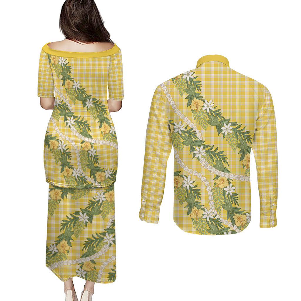 Aloha Puakenikeni Anthurium Pikake Lei Couples Matching Puletasi and Long Sleeve Button Shirt Gold Hawaiian Palaka Pattern