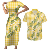 Aloha Puakenikeni Anthurium Pikake Lei Couples Matching Short Sleeve Bodycon Dress and Hawaiian Shirt Gold Hawaiian Palaka Pattern