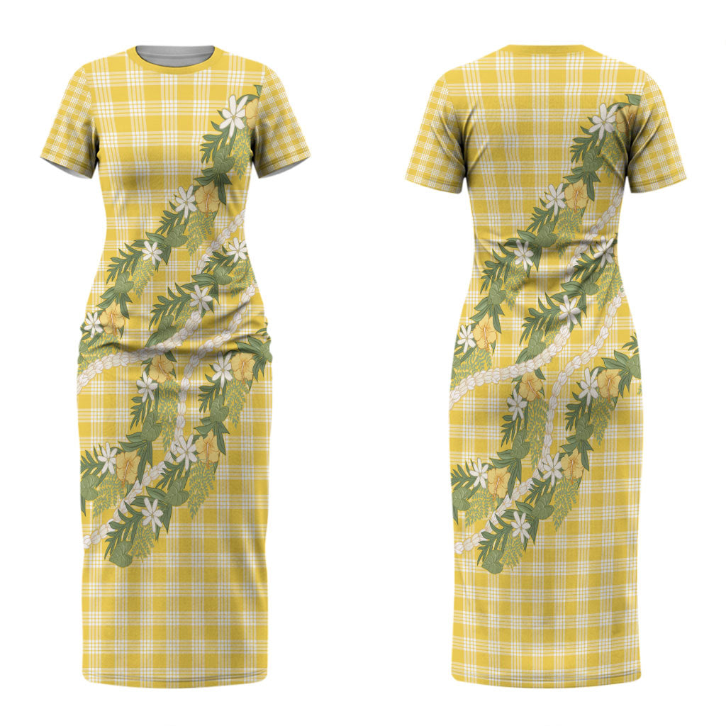 Aloha Puakenikeni Anthurium Pikake Lei Couples Matching Short Sleeve Bodycon Dress and Hawaiian Shirt Gold Hawaiian Palaka Pattern LT9 - Polynesian Pride