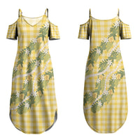 Aloha Puakenikeni Anthurium Pikake Lei Couples Matching Summer Maxi Dress and Hawaiian Shirt Gold Hawaiian Palaka Pattern LT9 - Polynesian Pride