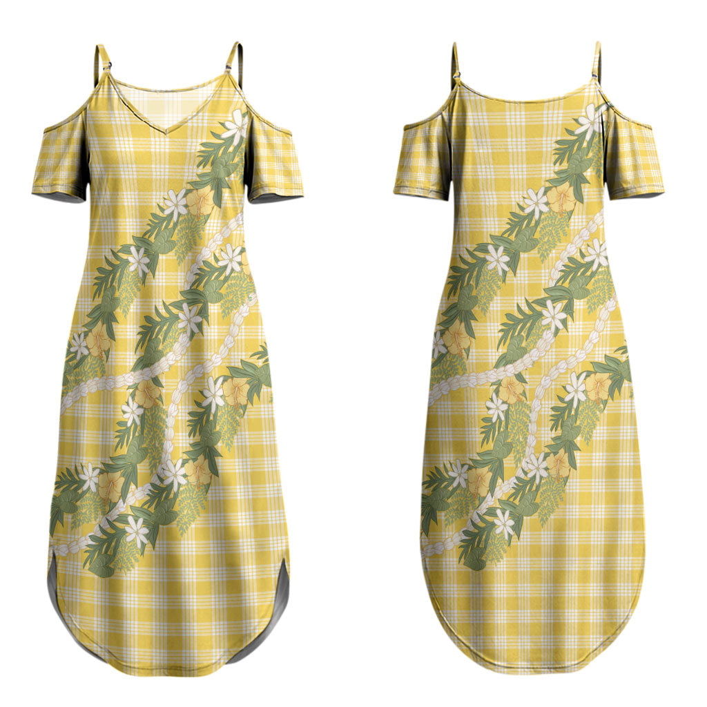 Aloha Puakenikeni Anthurium Pikake Lei Couples Matching Summer Maxi Dress and Long Sleeve Button Shirt Gold Hawaiian Palaka Pattern LT9 - Polynesian Pride