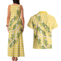 Aloha Puakenikeni Anthurium Pikake Lei Couples Matching Tank Maxi Dress and Hawaiian Shirt Gold Hawaiian Palaka Pattern