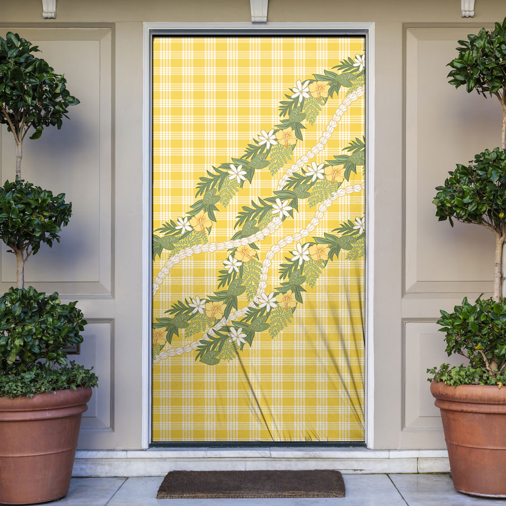 Aloha Puakenikeni Anthurium Pikake Lei Door Cover Gold Hawaiian Palaka Pattern