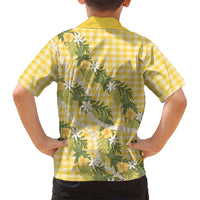 Aloha Puakenikeni Anthurium Pikake Lei Family Matching Long Sleeve Bodycon Dress and Hawaiian Shirt Gold Hawaiian Palaka Pattern