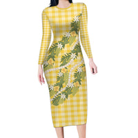 Aloha Puakenikeni Anthurium Pikake Lei Family Matching Long Sleeve Bodycon Dress and Hawaiian Shirt Gold Hawaiian Palaka Pattern