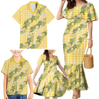 Aloha Puakenikeni Anthurium Pikake Lei Family Matching Mermaid Dress and Hawaiian Shirt Gold Hawaiian Palaka Pattern