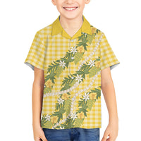 Aloha Puakenikeni Anthurium Pikake Lei Family Matching Mermaid Dress and Hawaiian Shirt Gold Hawaiian Palaka Pattern