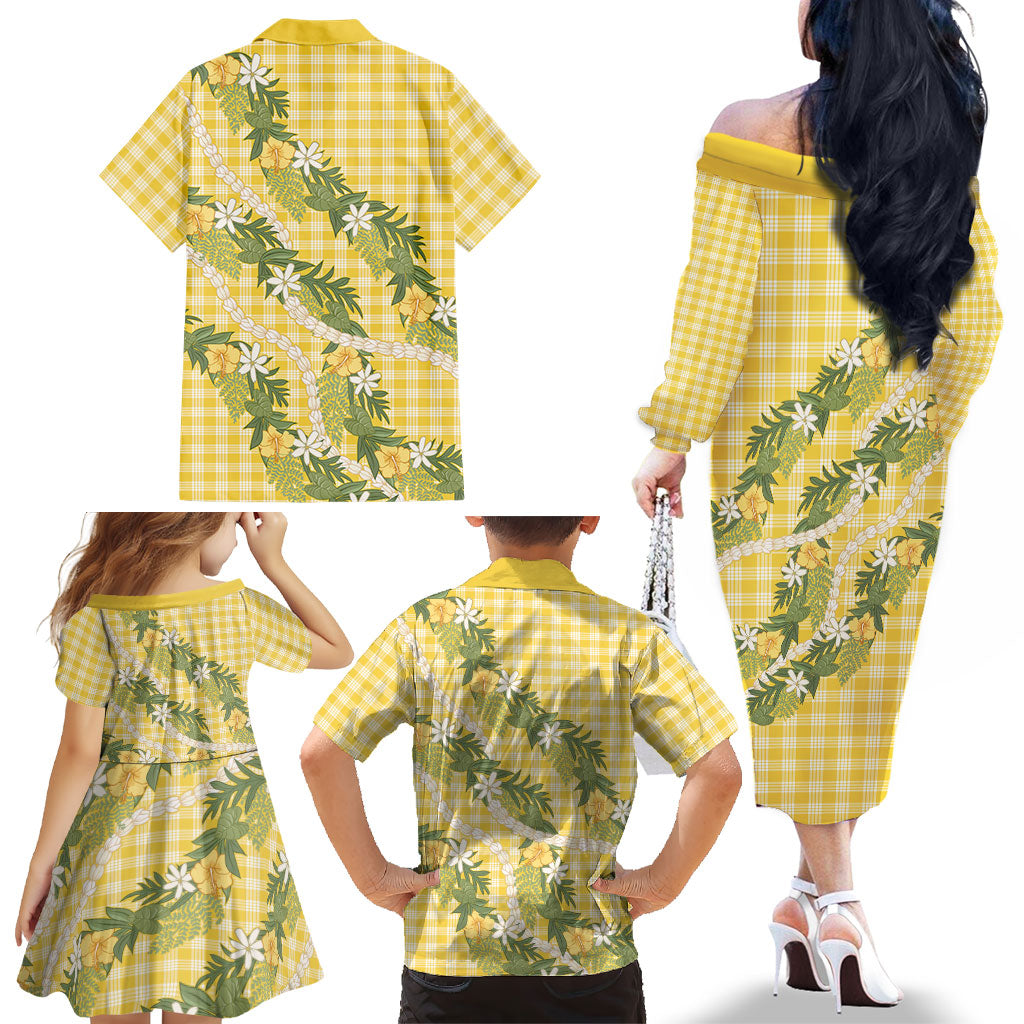 Aloha Puakenikeni Anthurium Pikake Lei Family Matching Off The Shoulder Long Sleeve Dress and Hawaiian Shirt Gold Hawaiian Palaka Pattern