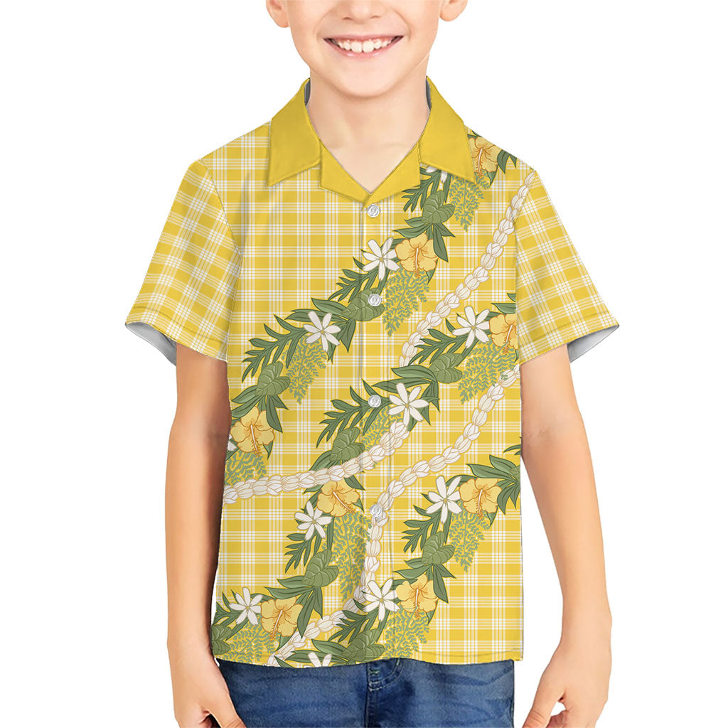 Aloha Puakenikeni Anthurium Pikake Lei Family Matching Off The Shoulder Long Sleeve Dress and Hawaiian Shirt Gold Hawaiian Palaka Pattern