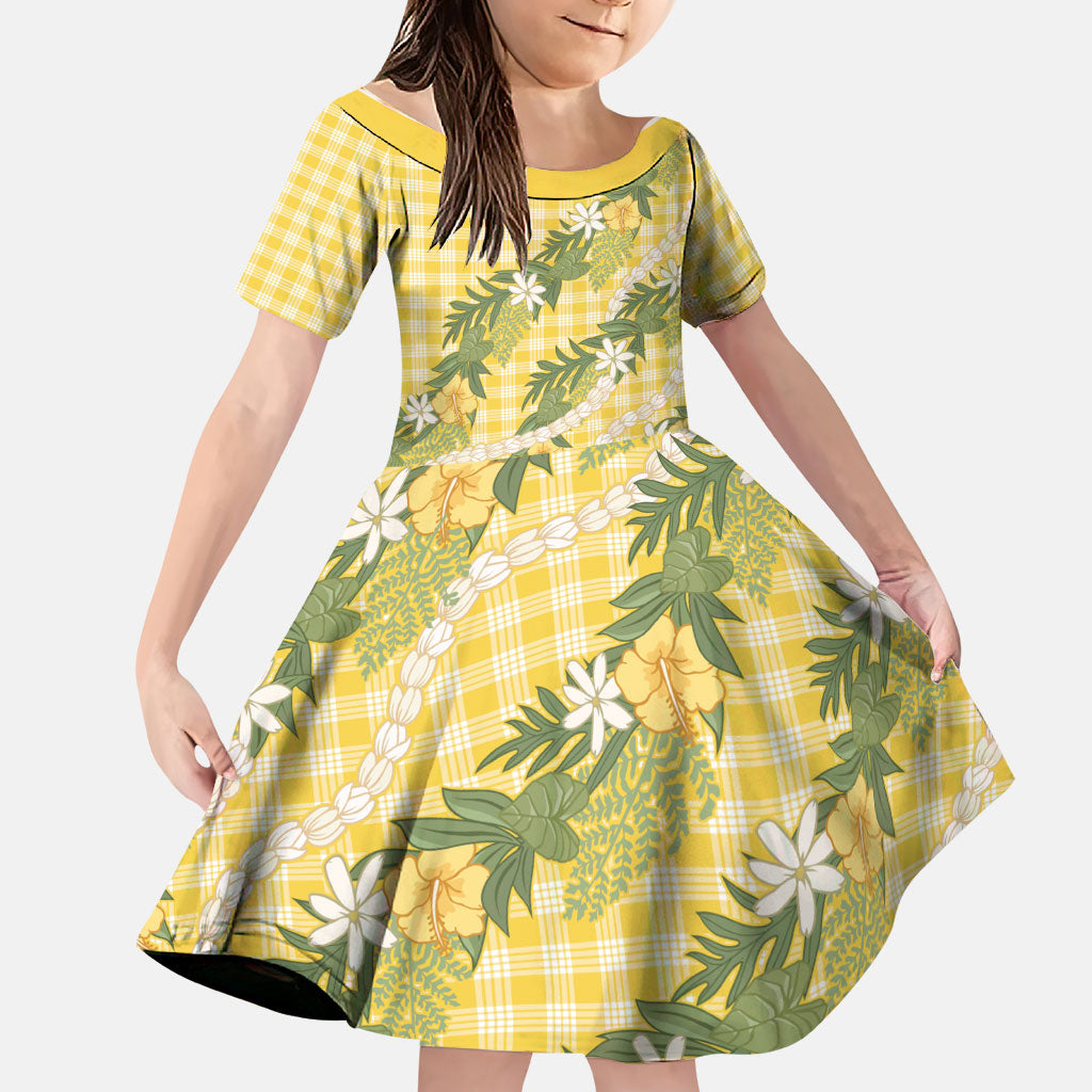 Aloha Puakenikeni Anthurium Pikake Lei Family Matching Off Shoulder Maxi Dress and Hawaiian Shirt Gold Hawaiian Palaka Pattern