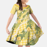 Aloha Puakenikeni Anthurium Pikake Lei Family Matching Off Shoulder Maxi Dress and Hawaiian Shirt Gold Hawaiian Palaka Pattern