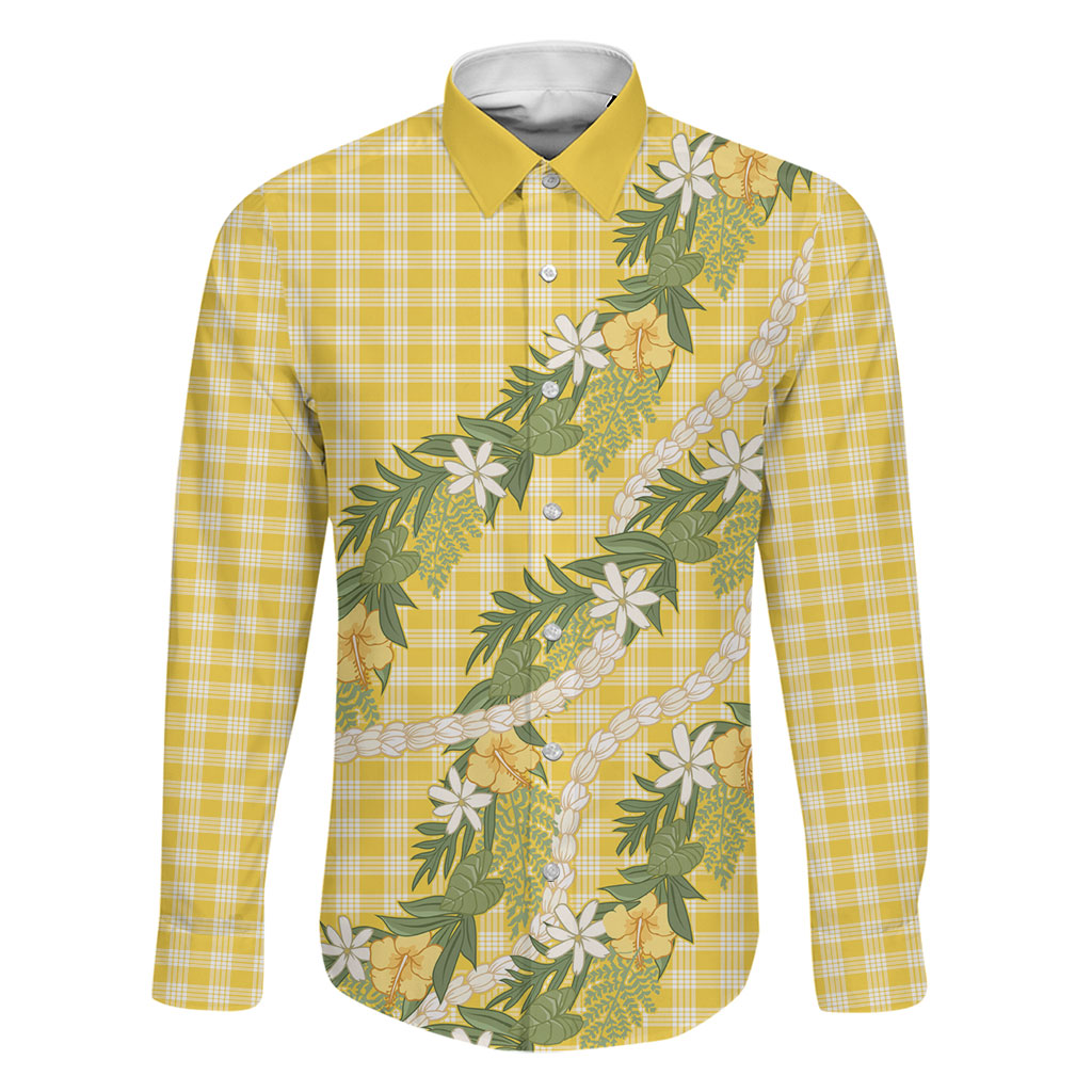 Aloha Puakenikeni Anthurium Pikake Lei Family Matching Off Shoulder Maxi Dress and Hawaiian Shirt Gold Hawaiian Palaka Pattern