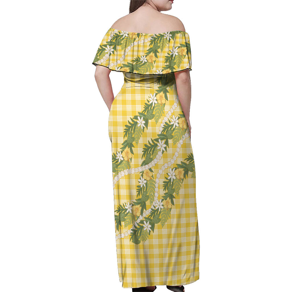 Aloha Puakenikeni Anthurium Pikake Lei Family Matching Off Shoulder Maxi Dress and Hawaiian Shirt Gold Hawaiian Palaka Pattern