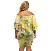 Aloha Puakenikeni Anthurium Pikake Lei Family Matching Off Shoulder Short Dress and Hawaiian Shirt Gold Hawaiian Palaka Pattern
