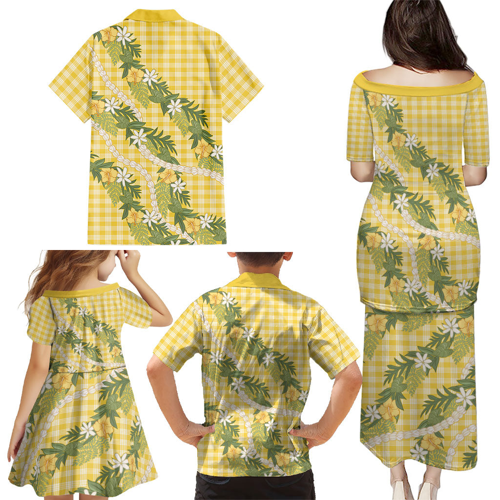 Aloha Puakenikeni Anthurium Pikake Lei Family Matching Puletasi and Hawaiian Shirt Gold Hawaiian Palaka Pattern