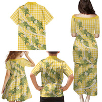 Aloha Puakenikeni Anthurium Pikake Lei Family Matching Puletasi and Hawaiian Shirt Gold Hawaiian Palaka Pattern
