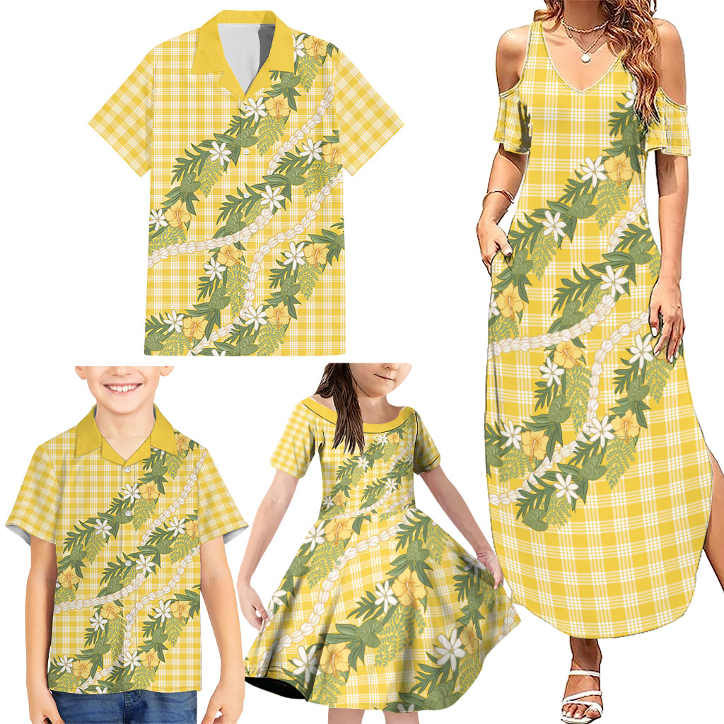 Aloha Puakenikeni Anthurium Pikake Lei Family Matching Summer Maxi Dress and Hawaiian Shirt Gold Hawaiian Palaka Pattern