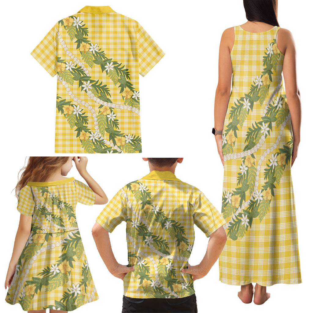 Aloha Puakenikeni Anthurium Pikake Lei Family Matching Tank Maxi Dress and Hawaiian Shirt Gold Hawaiian Palaka Pattern