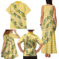 Aloha Puakenikeni Anthurium Pikake Lei Family Matching Tank Maxi Dress and Hawaiian Shirt Gold Hawaiian Palaka Pattern