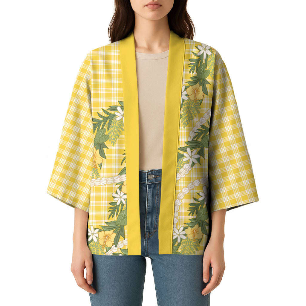 Aloha Puakenikeni Anthurium Pikake Lei Kimono Gold Hawaiian Palaka Pattern