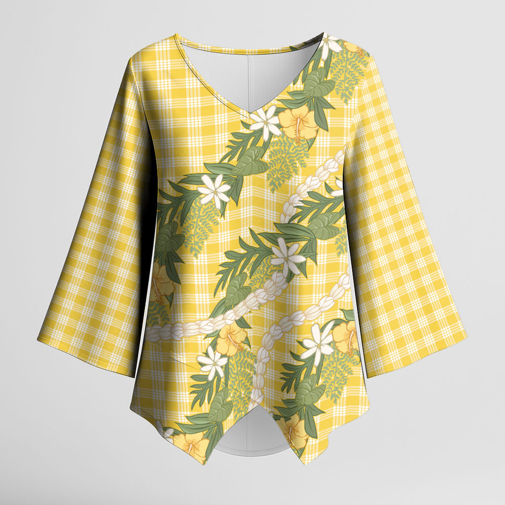 Aloha Puakenikeni Anthurium Pikake Lei Kimono Sleeve Blouse Gold Hawaiian Palaka Pattern