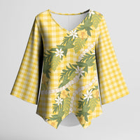 Aloha Puakenikeni Anthurium Pikake Lei Kimono Sleeve Blouse Gold Hawaiian Palaka Pattern