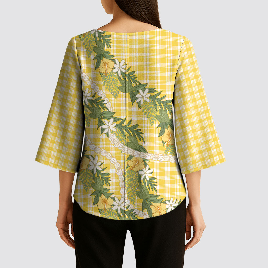 Aloha Puakenikeni Anthurium Pikake Lei Kimono Sleeve Blouse Gold Hawaiian Palaka Pattern