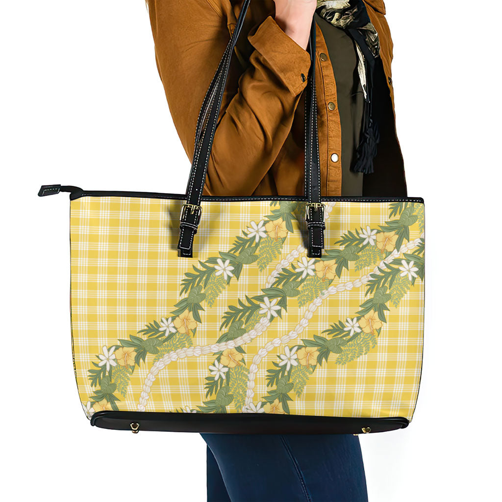 Aloha Puakenikeni Anthurium Pikake Lei Leather Tote Bag Gold Hawaiian Palaka Pattern