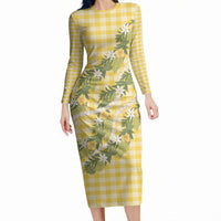 Aloha Puakenikeni Anthurium Pikake Lei Long Sleeve Bodycon Dress Gold Hawaiian Palaka Pattern LT9 Long Dress Gold - Polynesian Pride