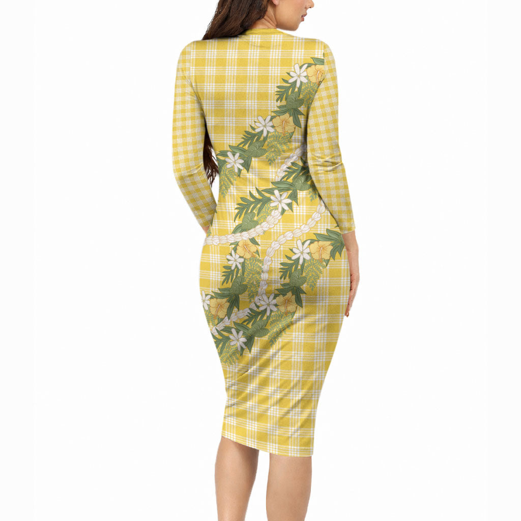 Aloha Puakenikeni Anthurium Pikake Lei Long Sleeve Bodycon Dress Gold Hawaiian Palaka Pattern LT9 - Polynesian Pride
