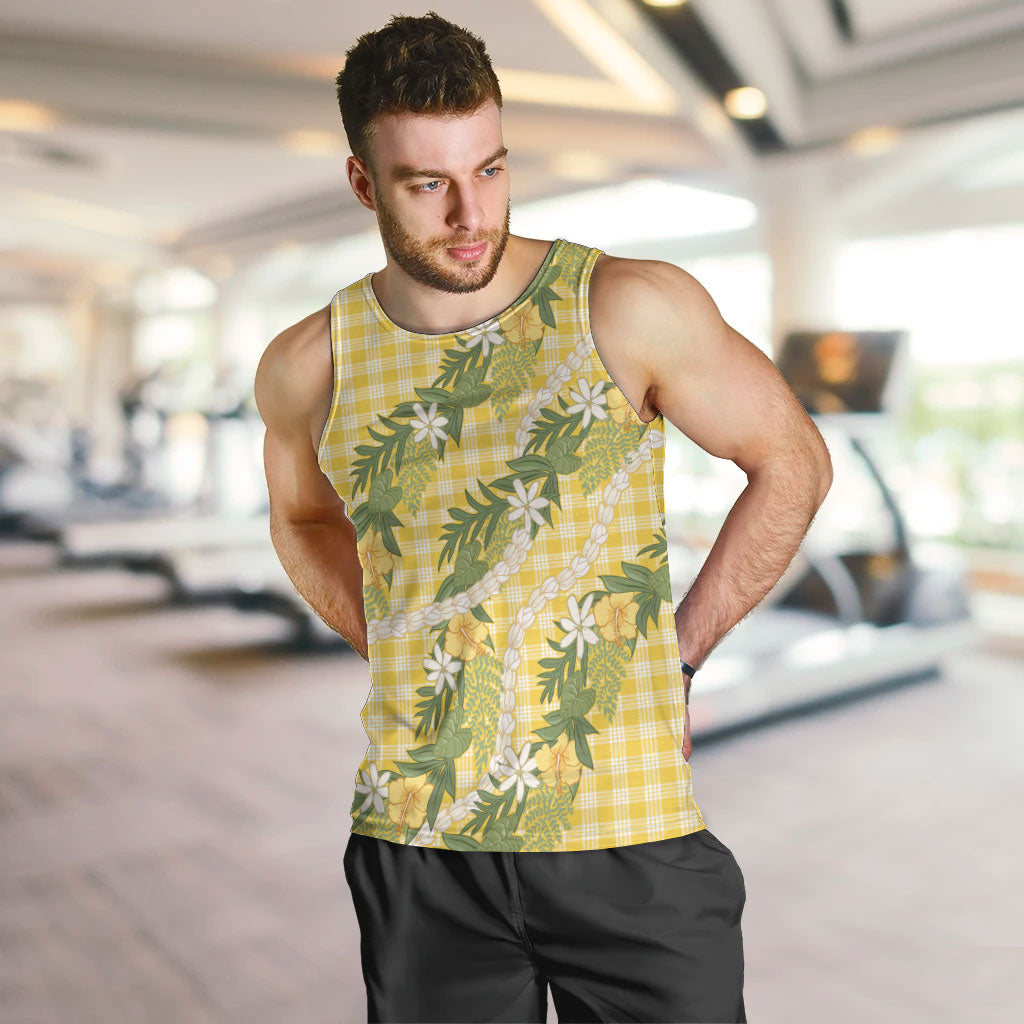 Aloha Puakenikeni Anthurium Pikake Lei Men Tank Top Gold Hawaiian Palaka Pattern