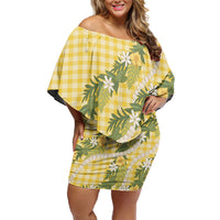 Aloha Puakenikeni Anthurium Pikake Lei Off Shoulder Short Dress Gold Hawaiian Palaka Pattern