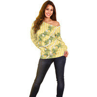 Aloha Puakenikeni Anthurium Pikake Lei Off Shoulder Sweater Gold Hawaiian Palaka Pattern