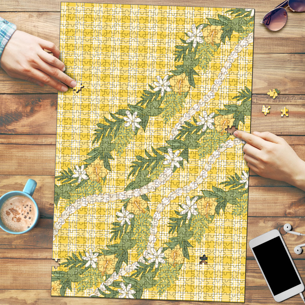 Aloha Puakenikeni Anthurium Pikake Lei Puzzle Gold Hawaiian Palaka Pattern