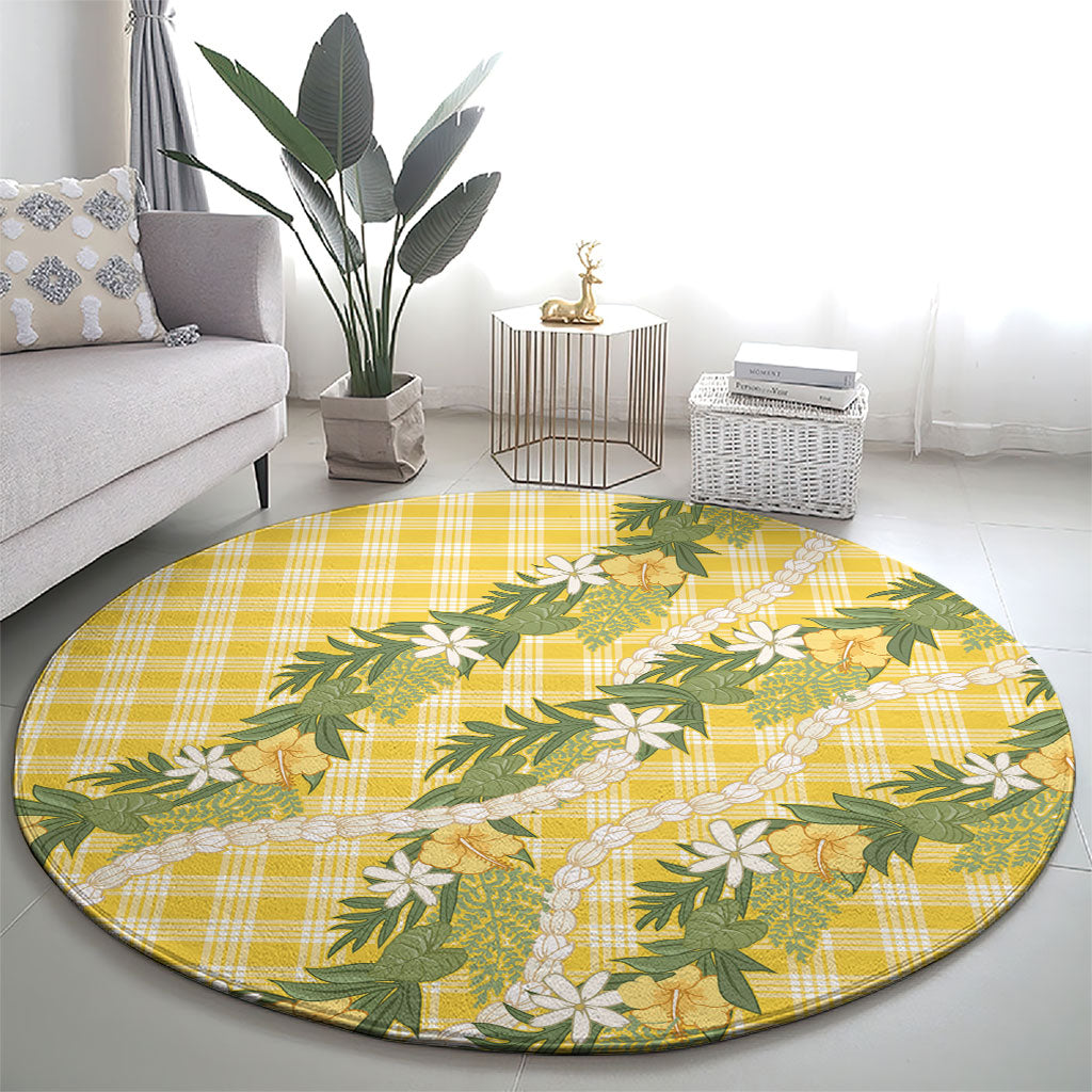 Aloha Puakenikeni Anthurium Pikake Lei Round Carpet Gold Hawaiian Palaka Pattern LT9 - Polynesian Pride
