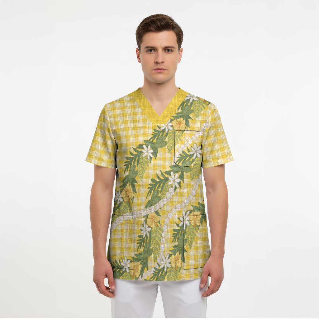 Aloha Puakenikeni Anthurium Pikake Lei Scrub Top Gold Hawaiian Palaka Pattern